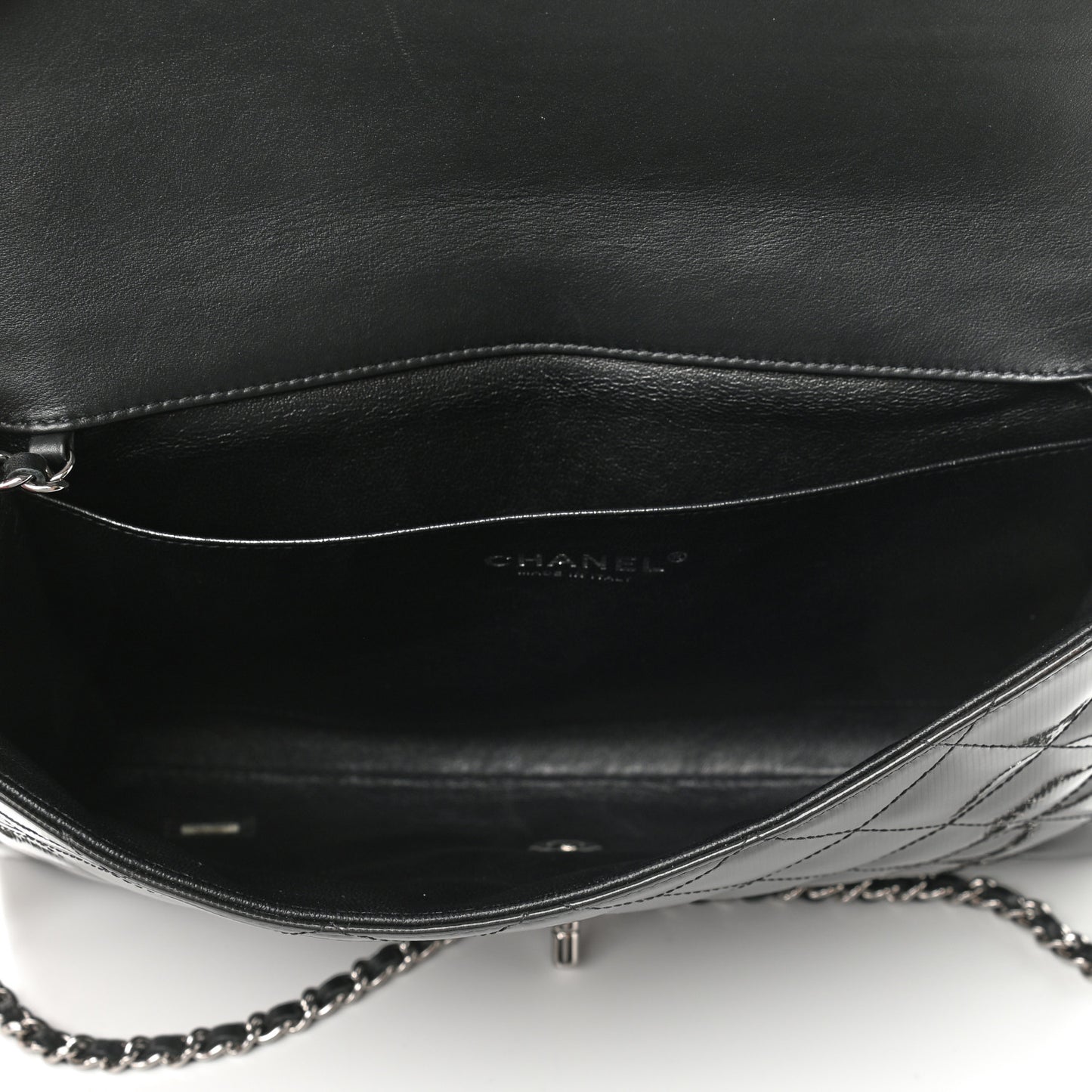 Striated Patent Quilted Clutch With Chain Flap Dark Grey
