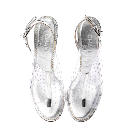 Chanel Calfskin PVC Peep Toe Sandals 39 Transparent Silver 5 of 9