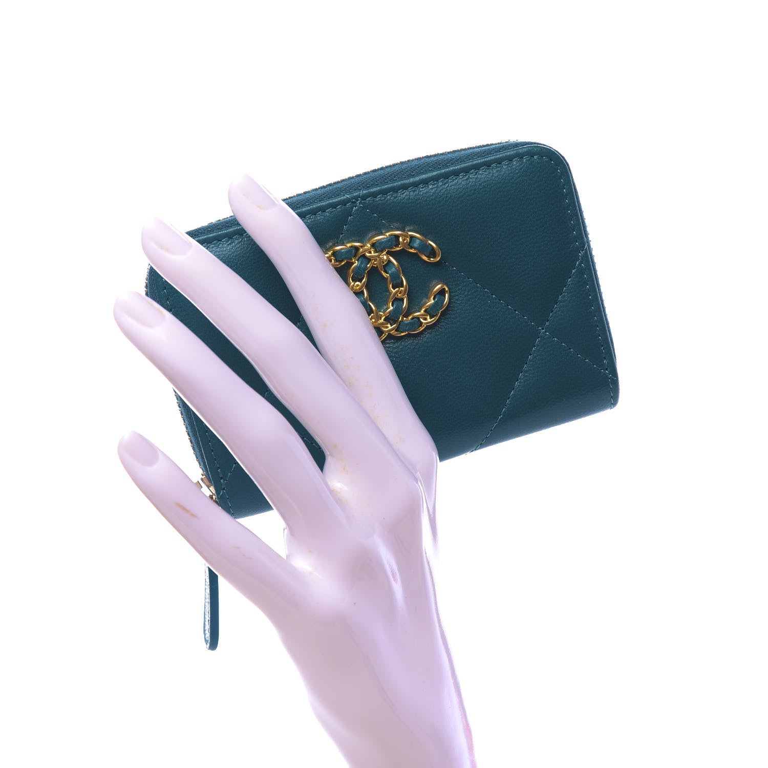 Chanel Lambskin Quilted Chanel 19 Zip Around Coin Purse Wallet Turquoise 2 of 8