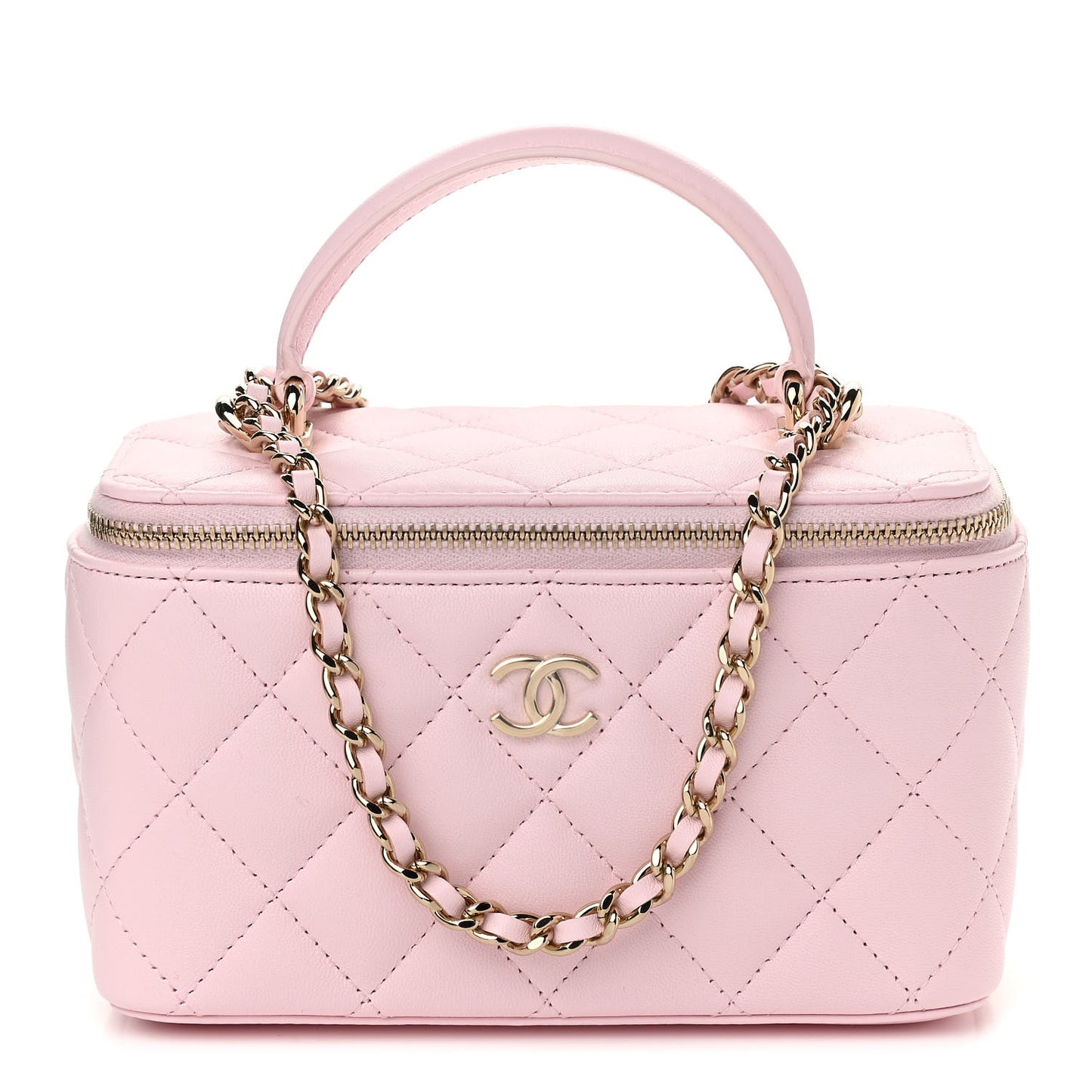 Lambskin Quilted Small Top Handle Vanity Case With Chain Light Pink
