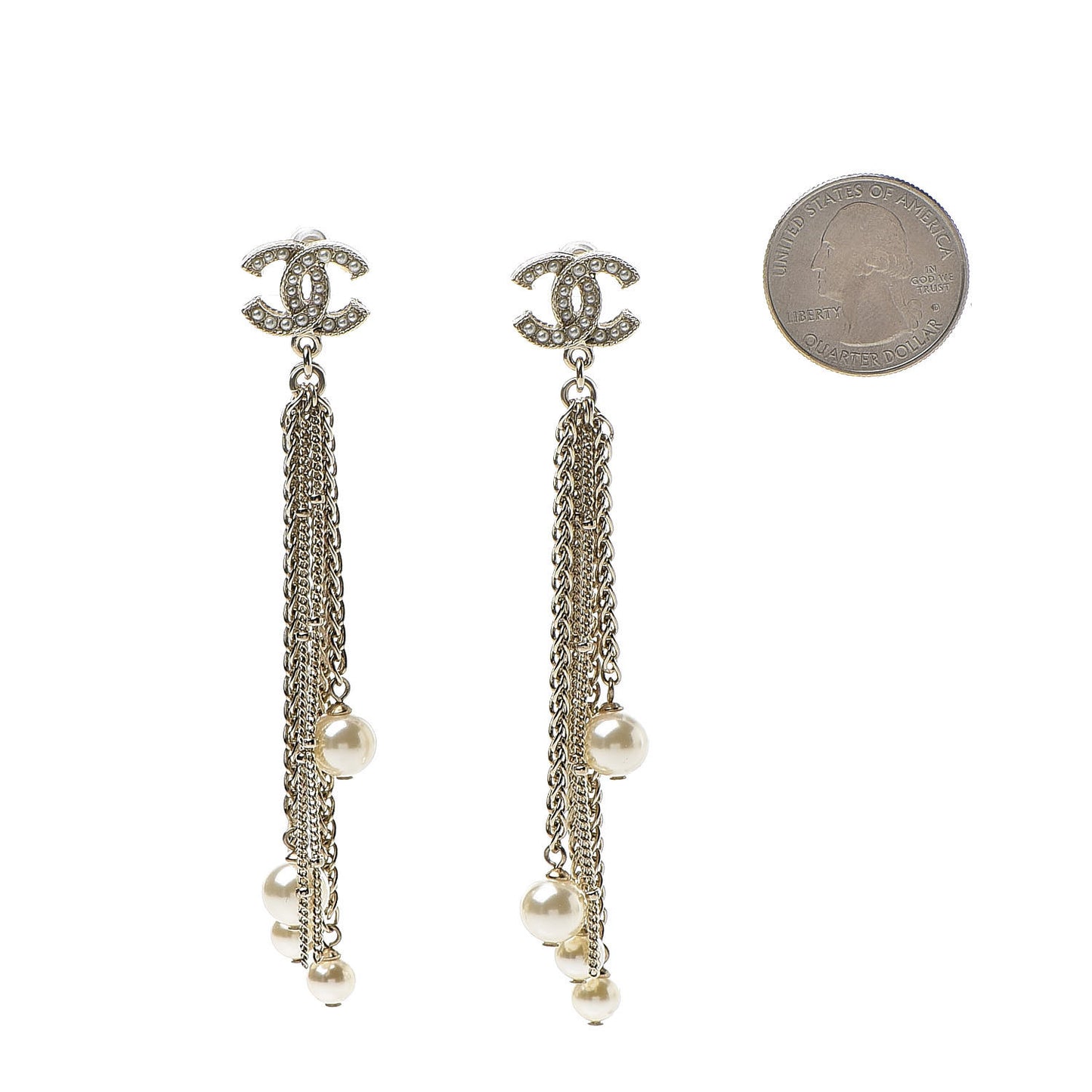 Pearl CC Chain Drop Earrings Gold