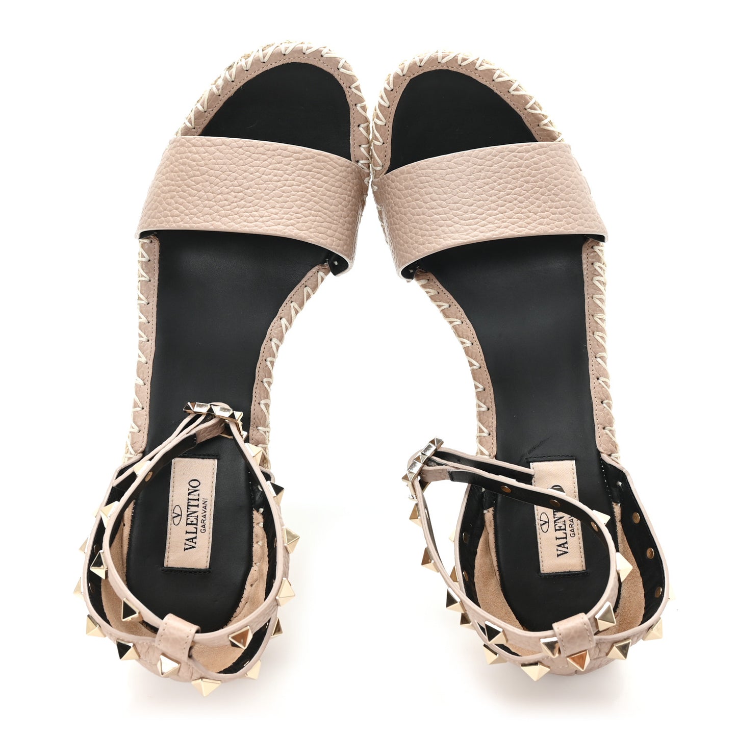 Grained Calfskin Rockstud Ankle Strap Espadrille 15/105mm Wedge Sandals 40 Poudre Natural