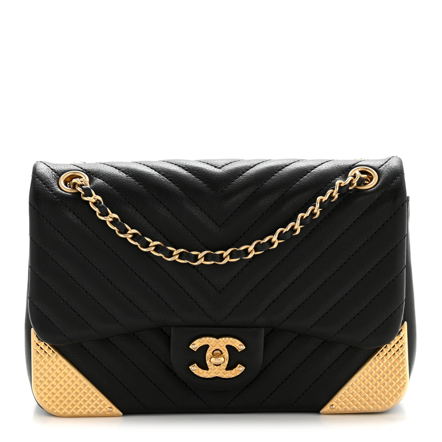 Calfskin Chevron Quilted Mini Rock The Corner Flap Black