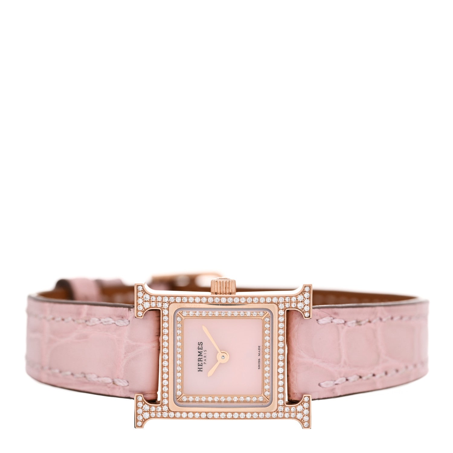 Hermes 18K Rose Gold Alligator Diamond Bezel Rose Opal 17.2mm Heure H Hour Quartz Watch Rose Pale 2 of 5