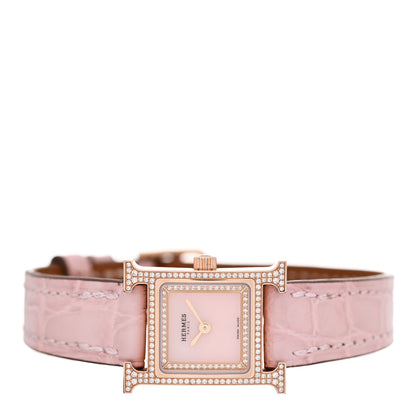 Hermes 18K Rose Gold Alligator Diamond Bezel Rose Opal 17.2mm Heure H Hour Quartz Watch Rose Pale 2 of 5