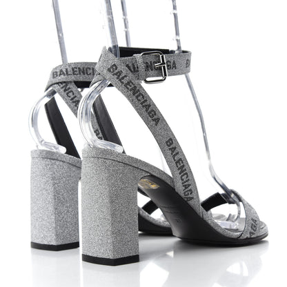 Balenciaga Glitter Allover Logo Ankle Strap Round Heel 80mm Sandals 37 Silver Black 4 of 9