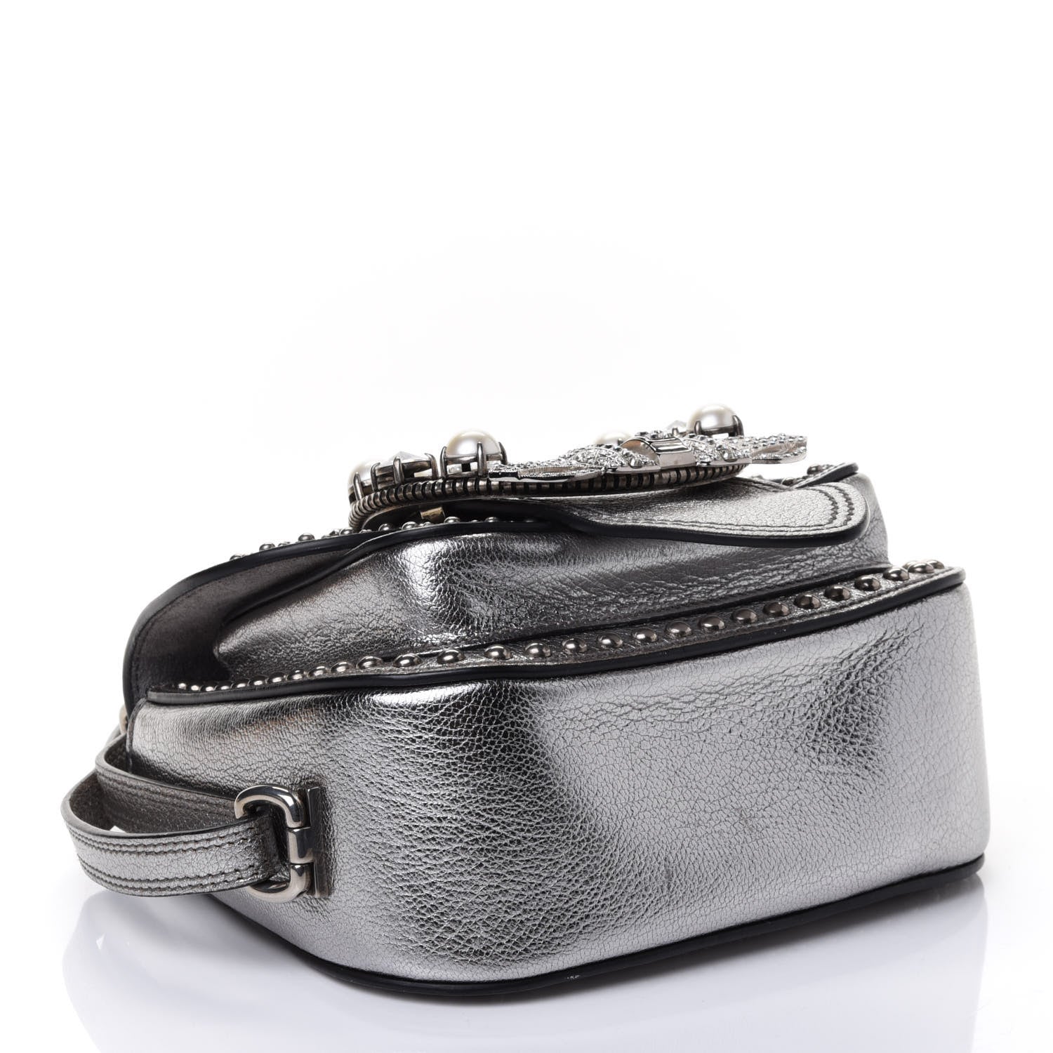Miu Miu Goatskin Madras Soft Calfskin Crystal Embellished Dahlia Shoulder Bag Chrome 3 of 4