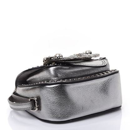 Miu Miu Goatskin Madras Soft Calfskin Crystal Embellished Dahlia Shoulder Bag Chrome 3 of 4