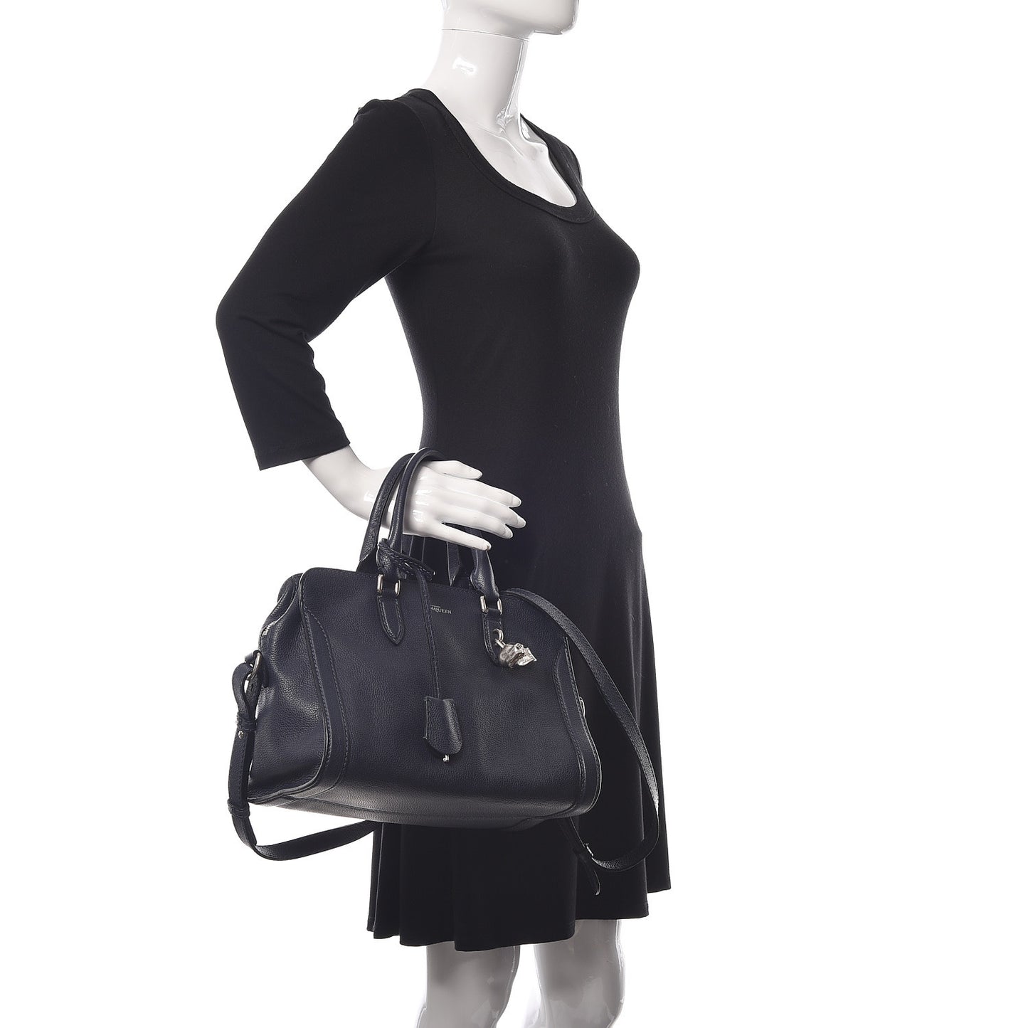 Pebbled Calfskin Small Skull Padlock Zip Around Tote Navy