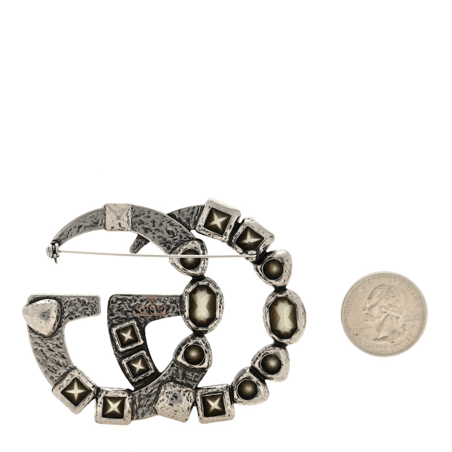 Gucci Metal Crystal Double G Brooch Silver 2 of 3