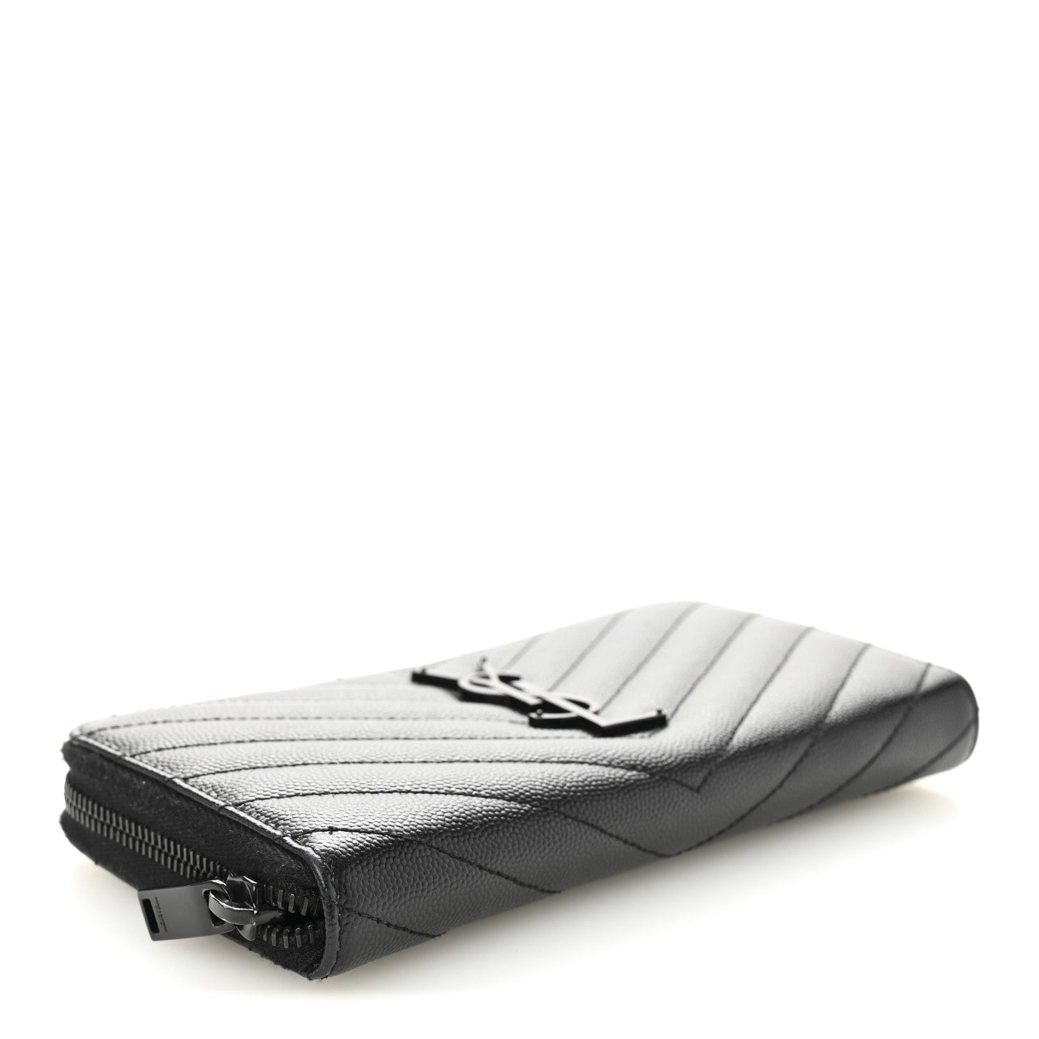 Saint Laurent Grain De Poudre Matelasse Chevron Monogram Monochrome Zip Around Wallet Black 4 of 9