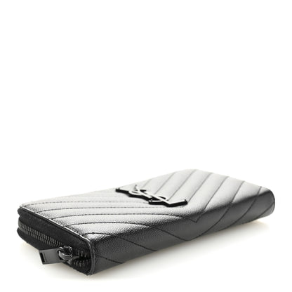 Saint Laurent Grain De Poudre Matelasse Chevron Monogram Monochrome Zip Around Wallet Black 4 of 9