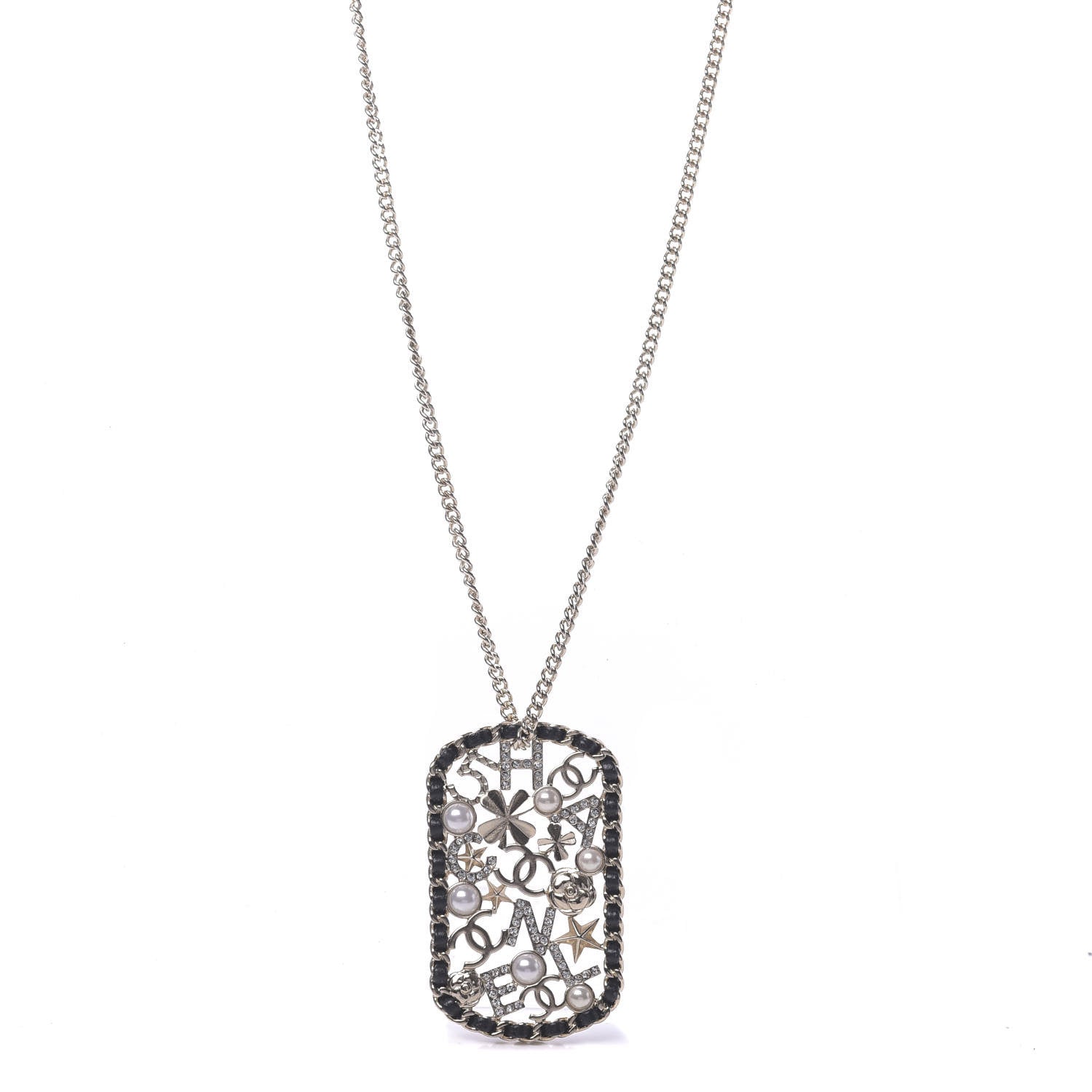 Chanel Lambskin Pearl Strass Sergeant Chain Dog Tag Charm Necklace Gold 1 of 6
