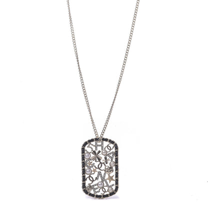 Chanel Lambskin Pearl Strass Sergeant Chain Dog Tag Charm Necklace Gold 1 of 6