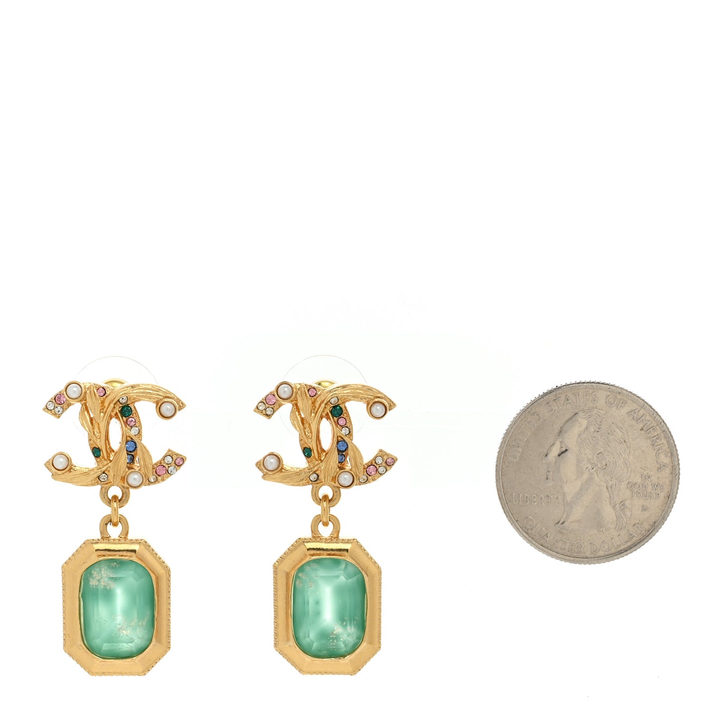 Crystal Pearl Glitter CC Drop Earrings Gold Green