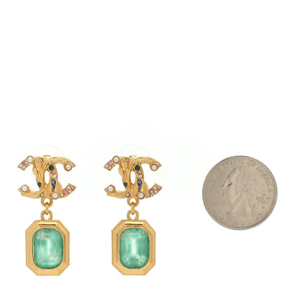 Chanel Crystal Pearl Glitter CC Drop Earrings Gold Green 2 of 5
