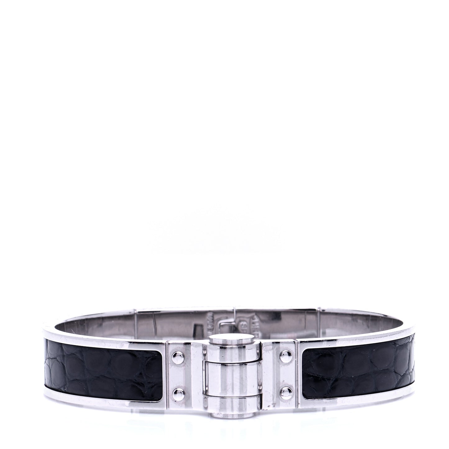 Crocodile Charniere Cuir Narrow Hinged Bracelet Black