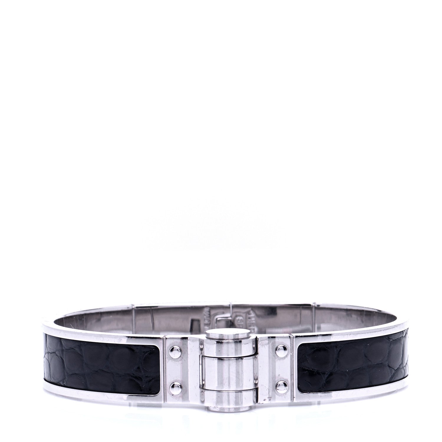 Hermes Crocodile Charniere Cuir Narrow Hinged Bracelet Black 1 of 6