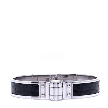 Hermes Crocodile Charniere Cuir Narrow Hinged Bracelet Black 1 of 6
