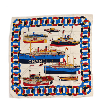 Chanel Silk Cruise Print CC Square Scarf Blue Red White 1 of 3