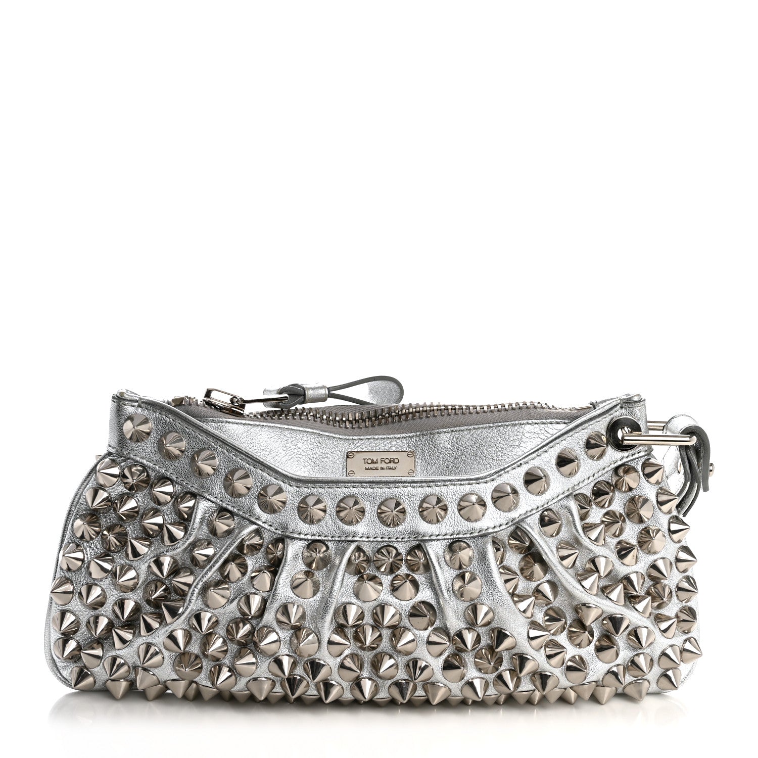 Tom Ford Pebbled Calfskin Studded Clutch Silver 1 of 9