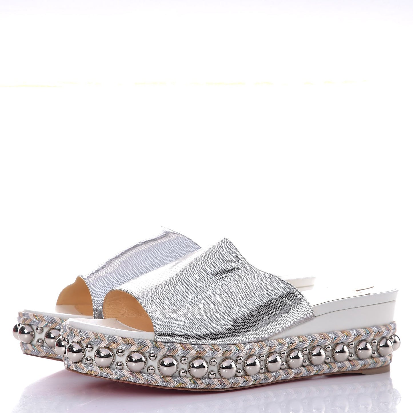 Metallic Laminato Embossed Lizard Janibasse Mules 40 White Silver
