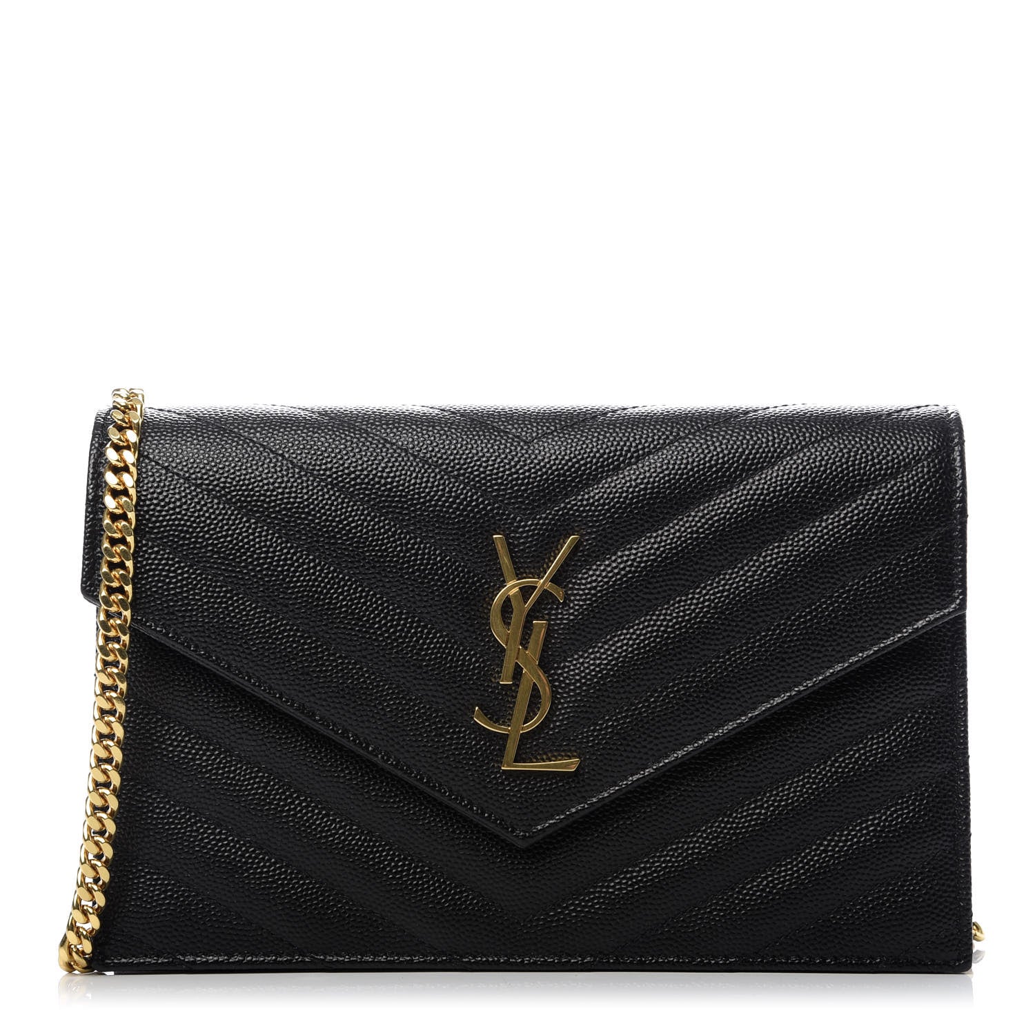 Saint Laurent Grain De Poudre Matelasse Chevron Monogram Envelope Chain Wallet Black 1 of 7