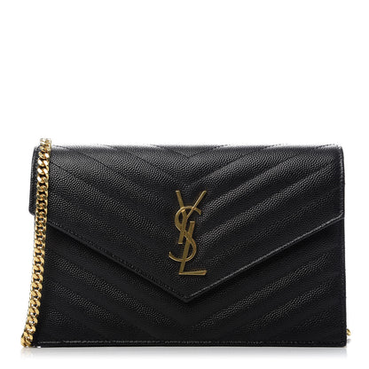 Saint Laurent Grain De Poudre Matelasse Chevron Monogram Envelope Chain Wallet Black 1 of 7