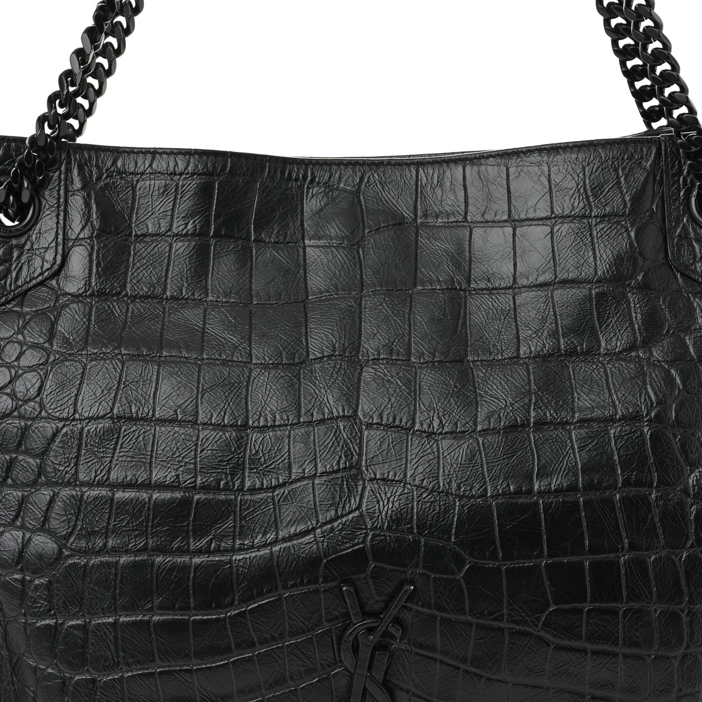 Calfskin Crocodile Embossed Monogram Medium Niki Shopping Bag Black