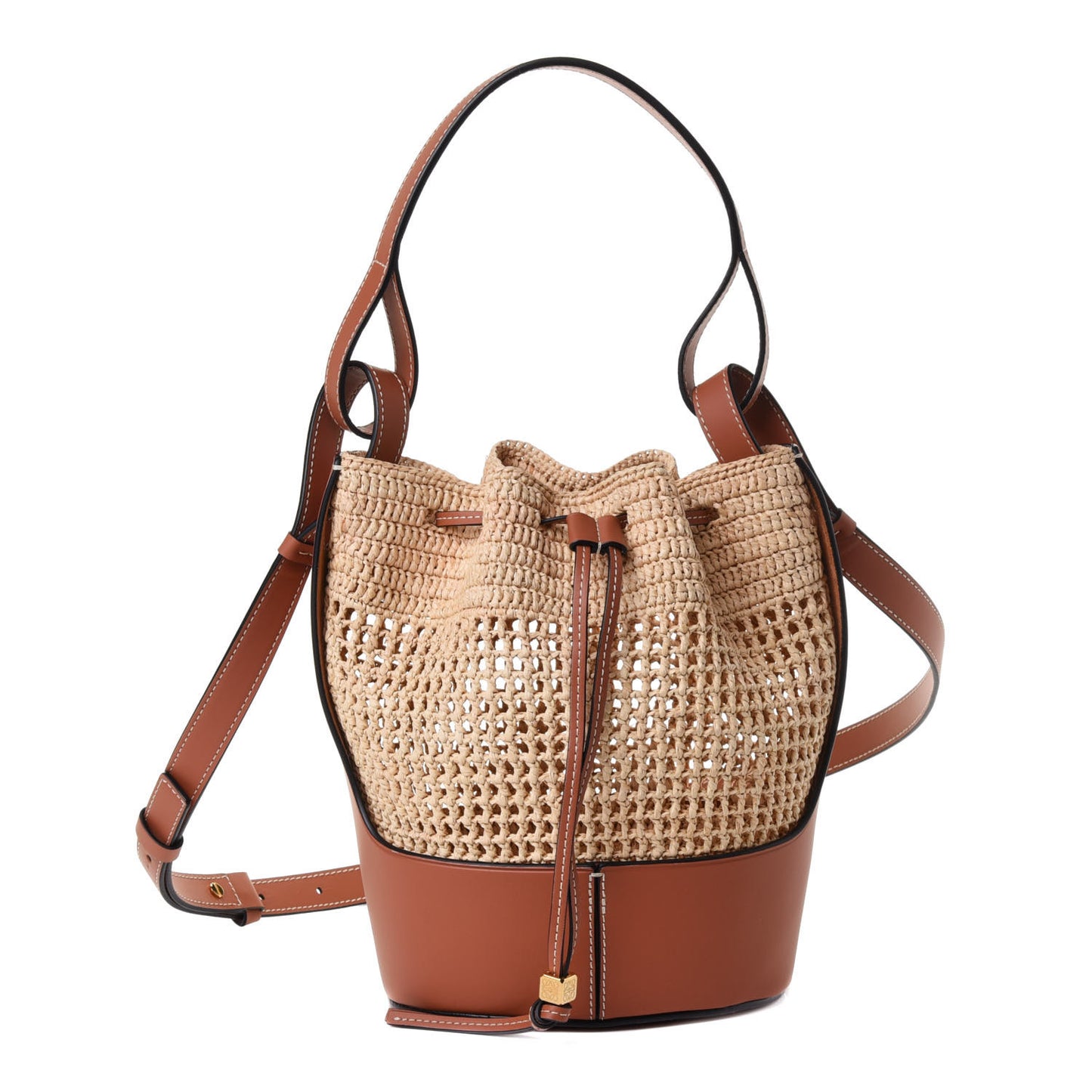 Raffia Calfskin Small Balloon Bucket Bag Natural Tan