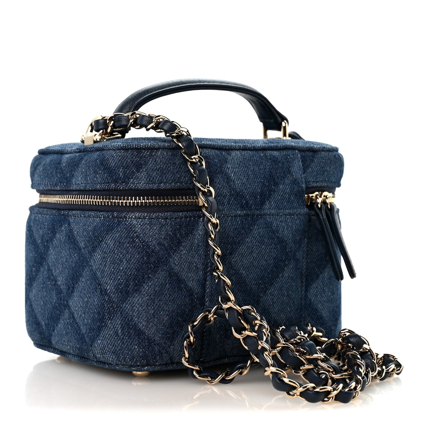 Printed Denim Quilted Mini Top Handle Vanity Case With Chain Dark Blue