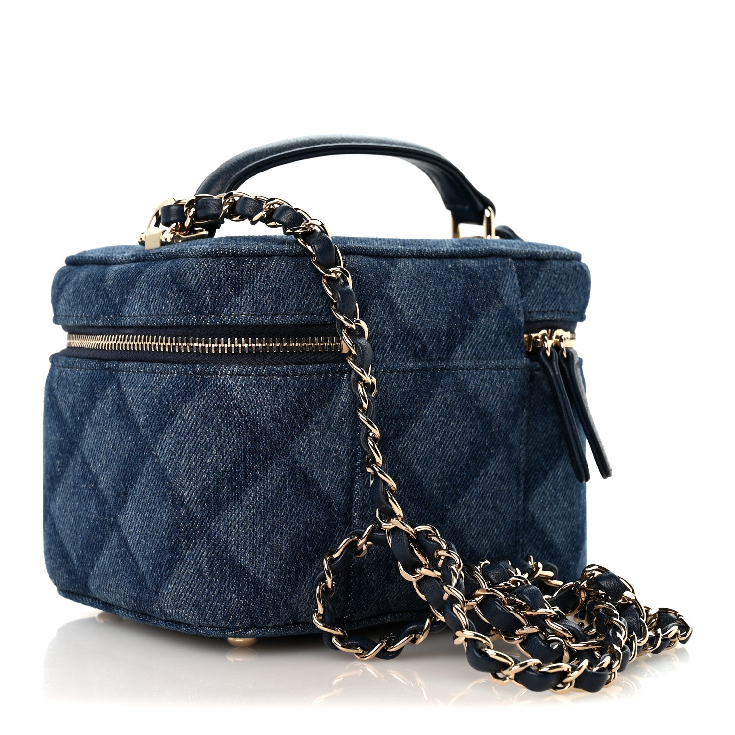 Chanel Printed Denim Quilted Mini Top Handle Vanity Case With Chain Dark Blue 3 of 10