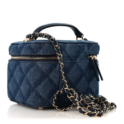Chanel Printed Denim Quilted Mini Top Handle Vanity Case With Chain Dark Blue 3 of 10