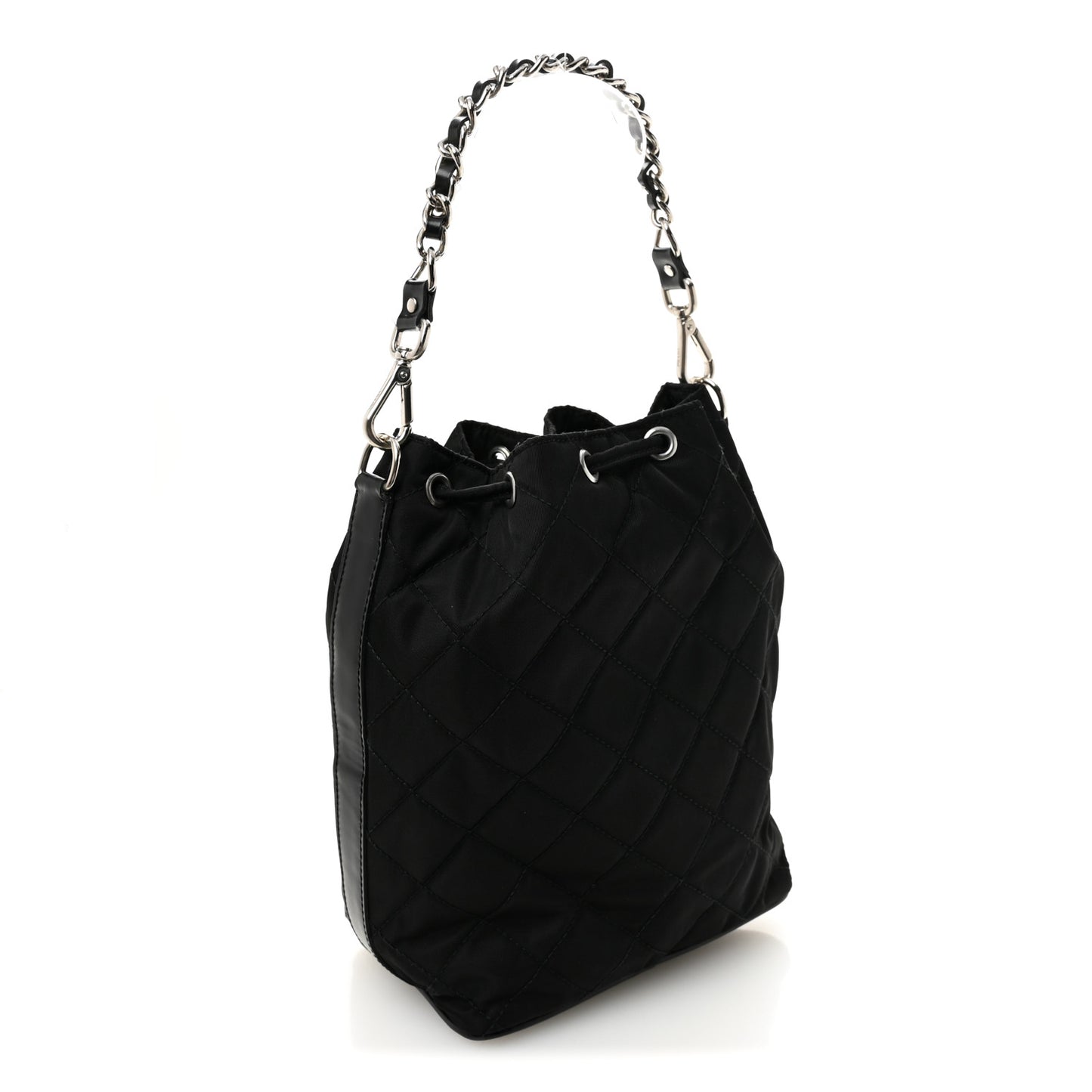 Tessuto Nylon Quilted Drawstring Bucket Bag Black