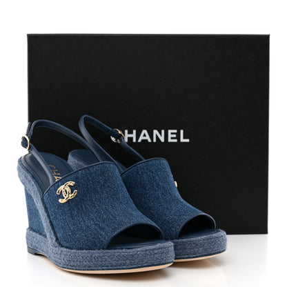 Chanel Washed Denim Braided Cord Wedge Sandals 38 Blue 12 of 12