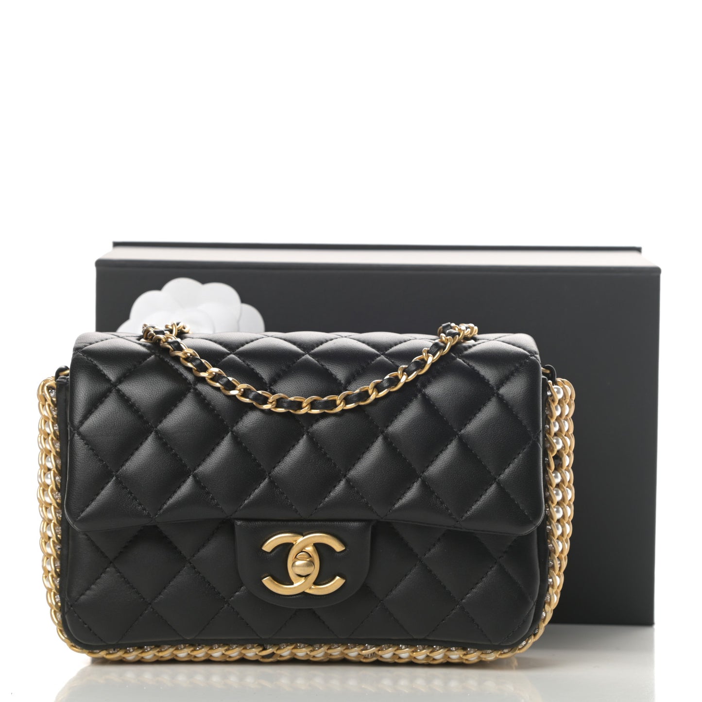 Lambskin Quilted Mini River of Pearls Flap Bag Black