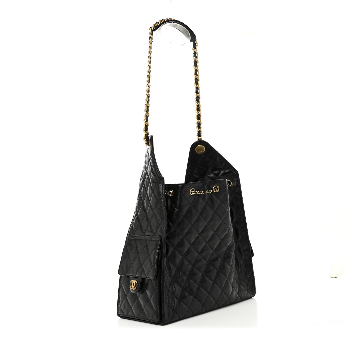 Shiny Crumpled Calfskin Quilted Medium Chanel 25 Handbag Black