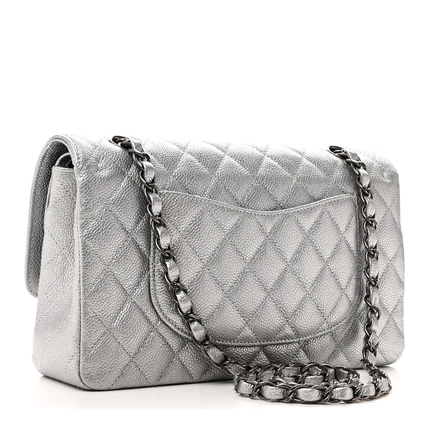 Metallic Caviar Quilted Medium Double Flap Silvery