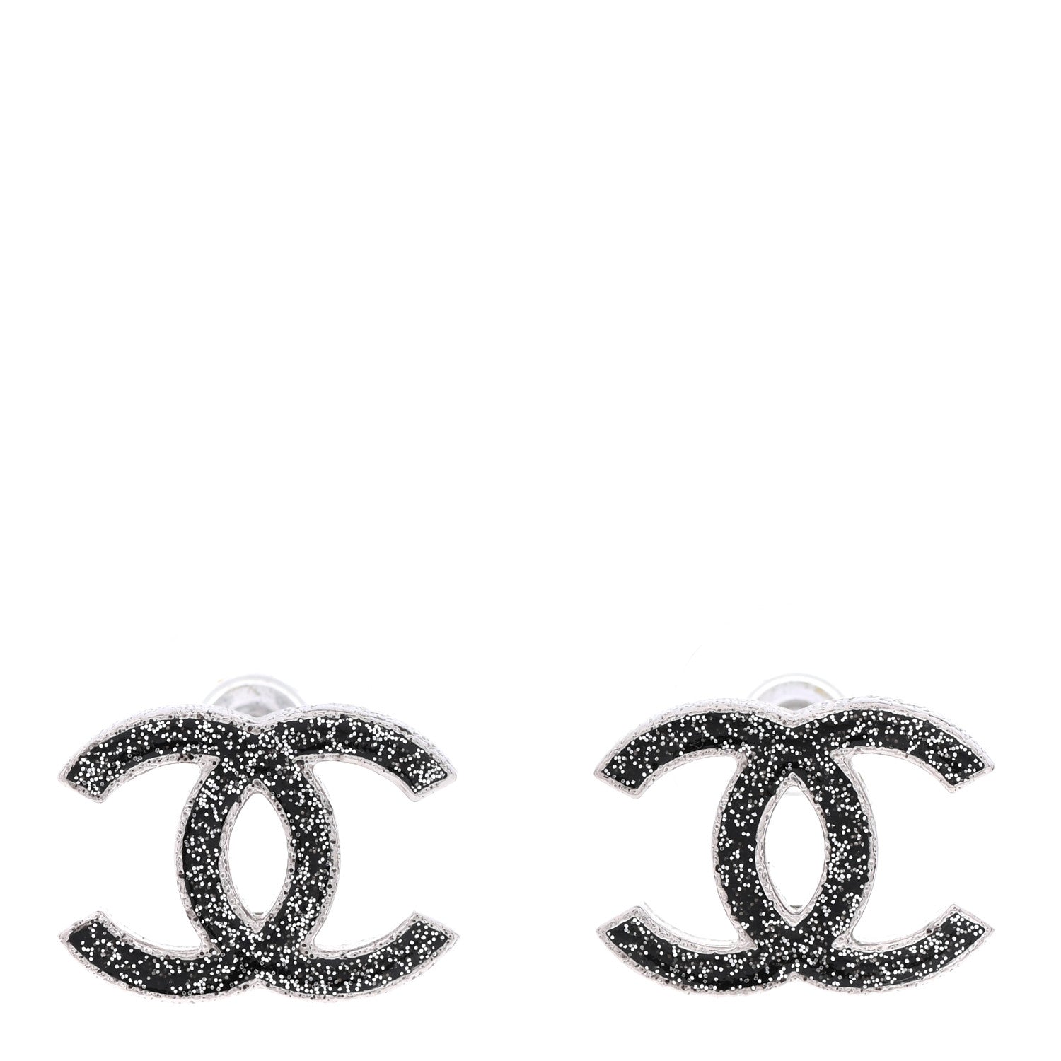 Chanel Glitter Resin CC Earrings Silver Black 1 of 4