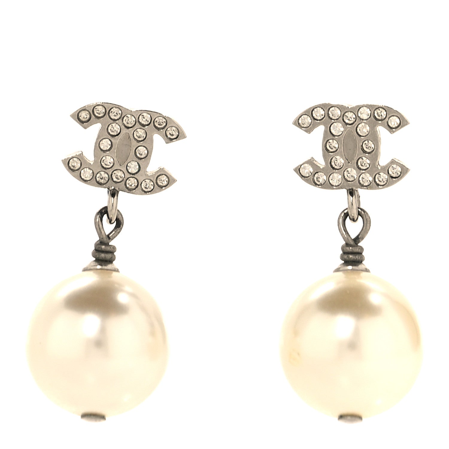 Chanel Crystal Pearl CC Drop Earrings Silver Pearly White 1 of 5