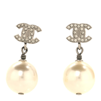 Chanel Crystal Pearl CC Drop Earrings Silver Pearly White 1 of 5