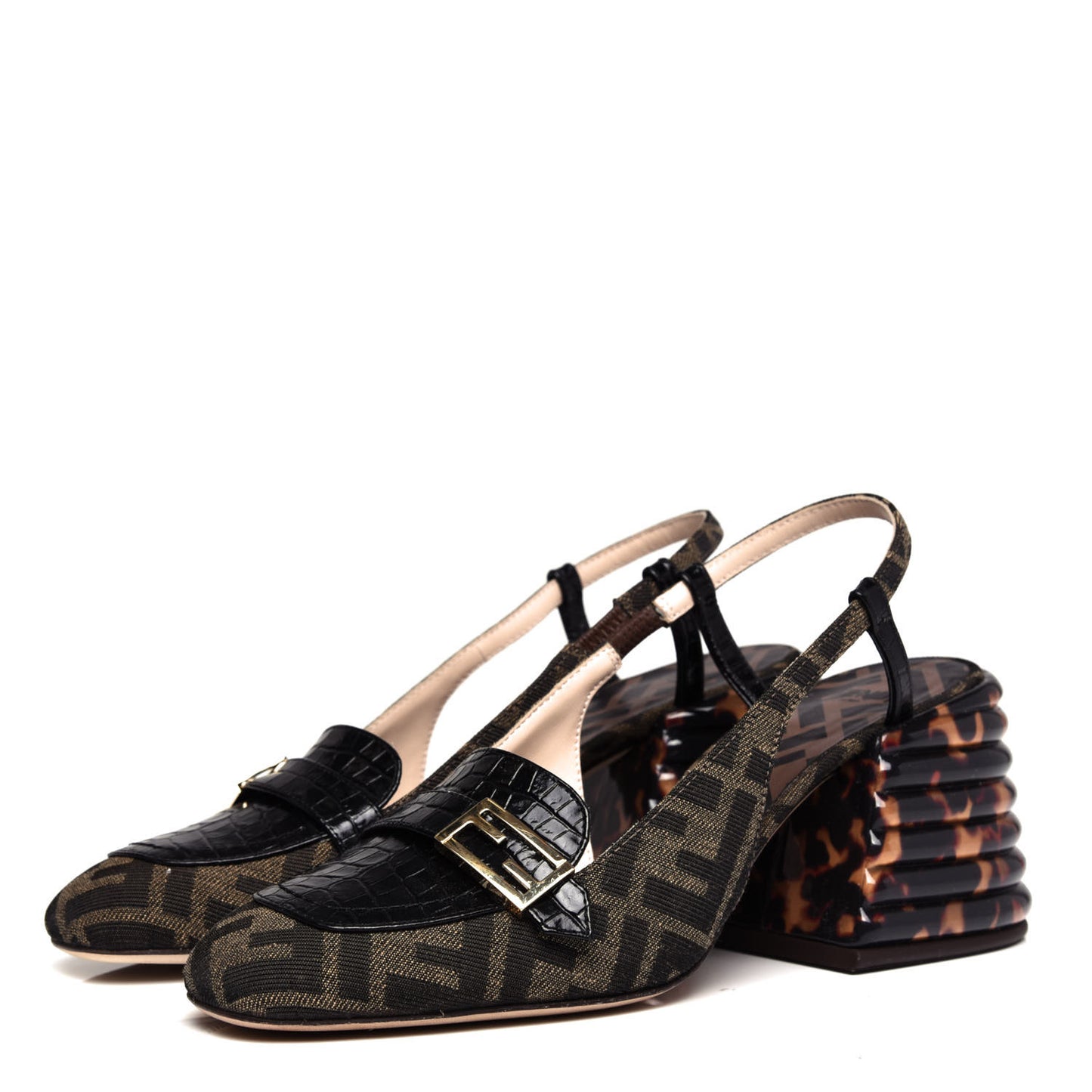 Jacquard Calfskin FF Tortoise Promenade Slingback Loafer Pumps 37.5 Tobacco