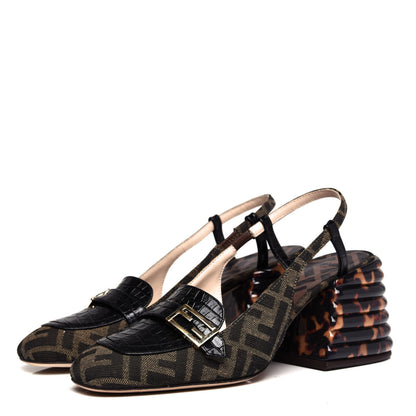 Fendi Jacquard Calfskin FF Tortoise Promenade Slingback Loafer Pumps 37.5 Tobacco 3 of 11