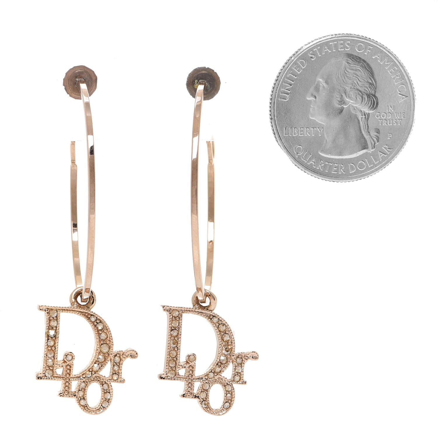 Christian Dior Crystal Logo Hoop Earrings Gold 2 of 5