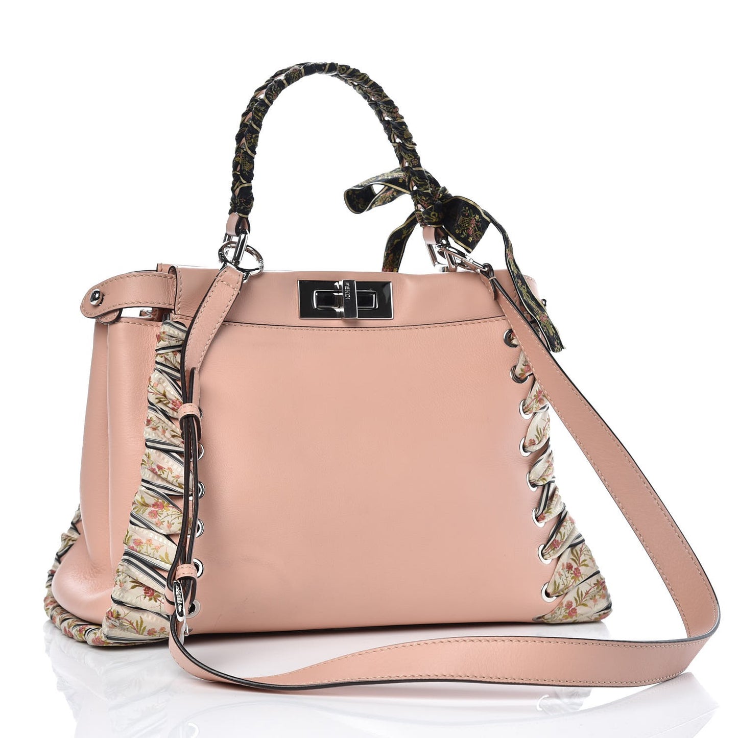 Vitello Seta Shiny Nappa Ribbon Lace Up Floral Medium Peekaboo Iconic Satchel Baby Pink Multicolor