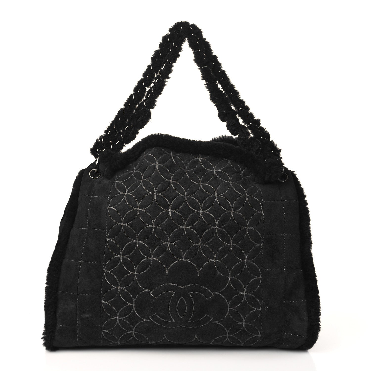 Chanel Shearling Suede Stitched CC Tote Black 3 of 11