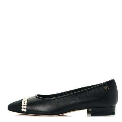 Chanel Lambskin Grosgrain Pearl Cap Toe Ballerina Flats 37 Black 1 of 10