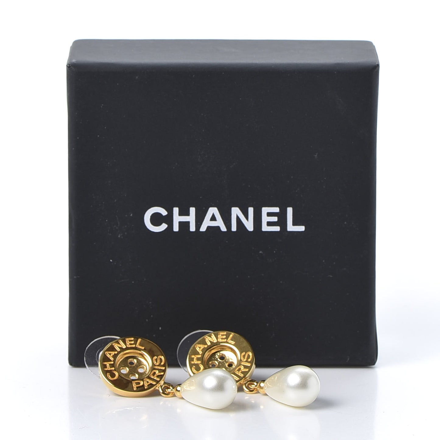 Metal Pearl Paris Button Drop Earrings Gold