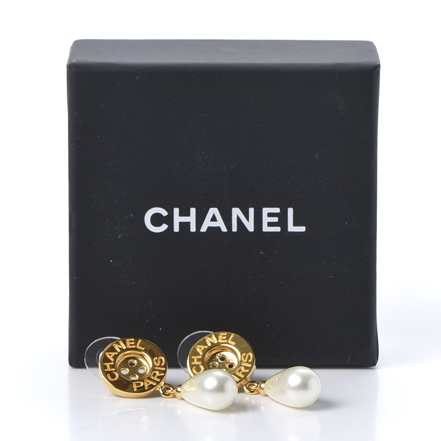 Chanel Metal Pearl Paris Button Drop Earrings Gold 5 of 5