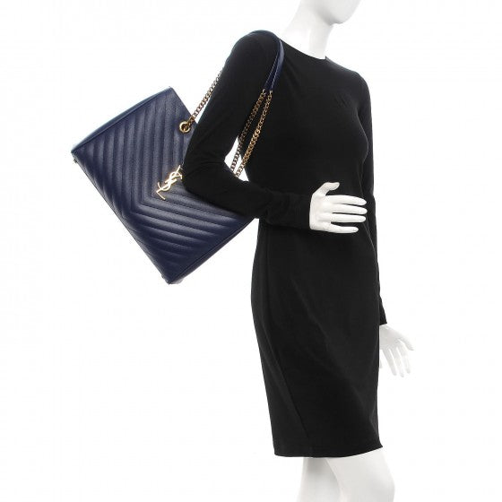 Grain De Poudre Matelasse Chevron Monogram Shopping Bag Deep Marine